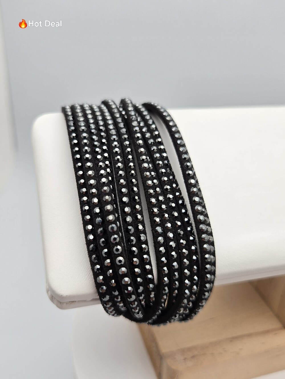 Swarovski Slake Black Crystal Wrap Bracelet Alcantara Leather Double Wrap Cuff